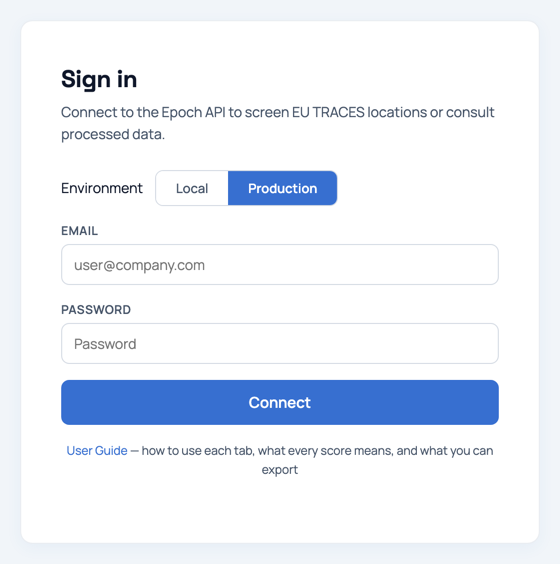 Sign-in panel with the environment control, the email field and the password field