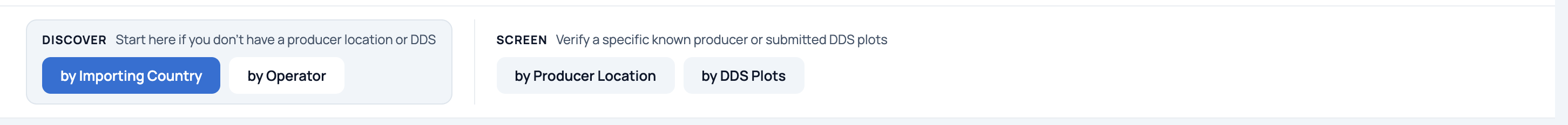 The enforcement tab bar, with by Importing Country and by Operator in the Discover group and by Producer Location and by DDS Plots in the Screen group