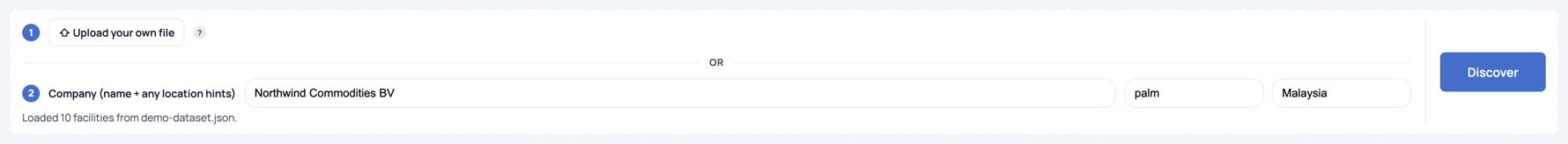 The Discover controls, with the file button and the company fields