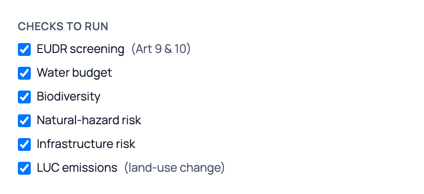 The Checks to run panel, with all six checks selected and one control covering both EUDR Articles