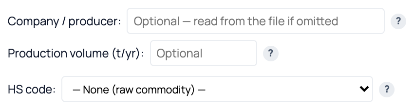 The company field, the production volume field, and the HS code control